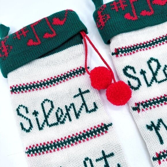 Vintage Knit Christmas Stockings 2 Pair Silent Night Music Notes Green Red - Picture 3 of 6